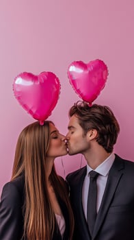 Couple Sharing a Kiss Under Pink Heart-Shaped Balloons in a Romantic Setting. photo