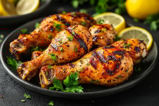 Grilled Chicken Drumsticks Garnished With Herbs and Lemon Slices on a Black Stone Platter. photo