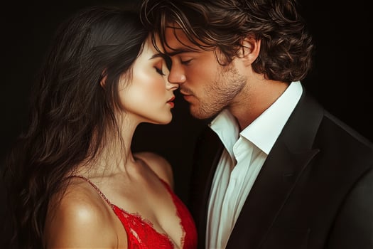 Romantic Couple Sharing an Intimate Moment in a Dimly Lit Setting During an Evening Gathering. photo