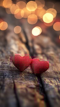 Two Red Hearts on Rustic Wood Background With Warm Bokeh Lights in Soft Focus During Evening Hours photo