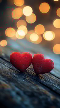 Two Red Hearts on Rustic Wood Background With Warm Bokeh Lights in Soft Focus During Evening Hours. photo