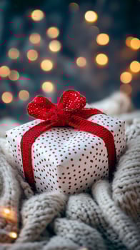 Gift Wrapped in Polka Dot Paper on Cozy Knit Blanket With Festive Bokeh Lights photo