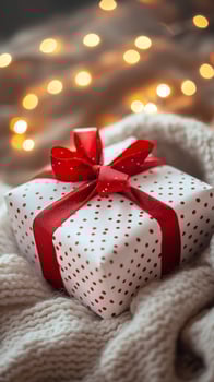Gift Wrapped in Red Ribbon on Cozy Knitted Blanket With Festive Lights in Background During Winter Season photo