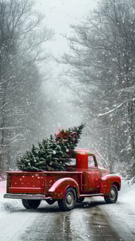 Red Truck Carrying Christmas Tree on Snowy Road in Winter photo