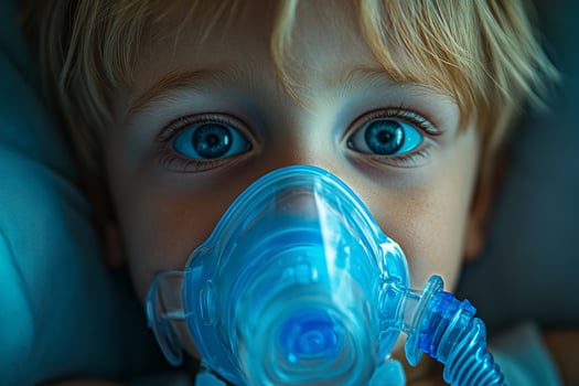 Child With Blue Eyes Using Inhaler at Home During Evening for Respiratory Treatment photo