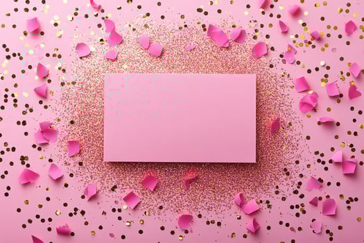Pink Background With Confetti and Blank Card for Creative Celebrations or Invitations. photo