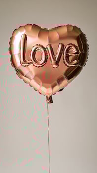 Heart-shaped Balloon With Love Inscription in Rose Gold Color Floating Against Plain Background photo