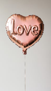 Heart-shaped Balloon With Love Inscription in Rose Gold Color Floating Against Plain Background. photo