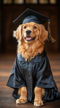 Golden Retriever in Graduation Cap and Gown Celebrates Graduation Day Milestone photo