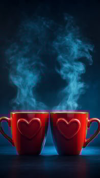 Hot Beverages Creating Heart-Shaped Steam on a Black Background. photo