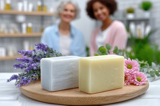 Two women are holding soap bars on a wooden tray photo