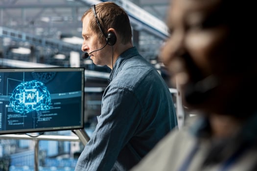 Close up of server hub coworkers providing tech support after identifying hardware issues using predictive AI alerts. Data center admins coordinating IT maintenance tasks using AI guided procedures photo