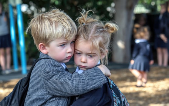 Two young children hugging in a school playground photo