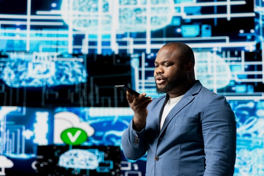 Tech entrepreneur talking on a phone call in a digital AI environment, representing predictive algorithms and deep learning platforms. Working on automation and intelligent cybernetics. photo