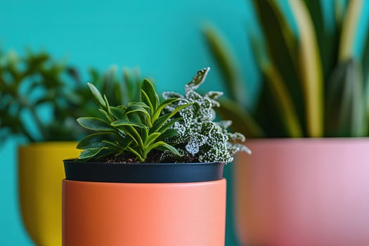 Close up shows two different plants in an orange pot with colorful background photo