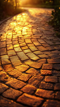 Sunset light gleams on the old brick path leading into a warm, golden distance photo