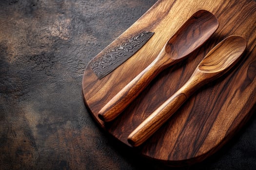 Patterned knife rests upon the wooden paddleboard near the spoons and rustic surface photo
