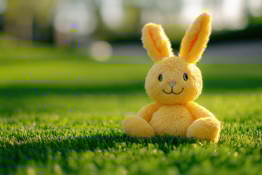 Fluffy yellow toy bunny rabbit sits cheerfully on bright green grass outdoors in sunlight photo