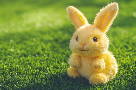 Fluffy yellow bunny sits quietly on vibrant green lawn during a bright sunny day photo