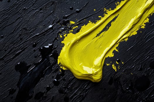 Luminous yellow paint streak stretches vividly across textured backdrop speckled with smaller black spots for contrast photo