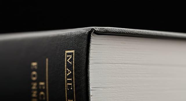 Closeup of a Black LeatherBound Book. photo