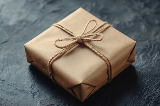 Brown paper wrapped box tied with twine sits on a mottled dark surface photo