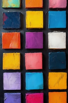 Vibrant square paint samples display on a textured black canvas with visible brush strokes photo