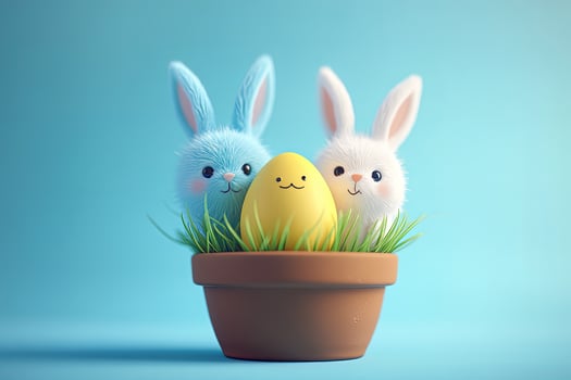 Fluffy blue and white bunnies sit with a yellow egg in a pot photo