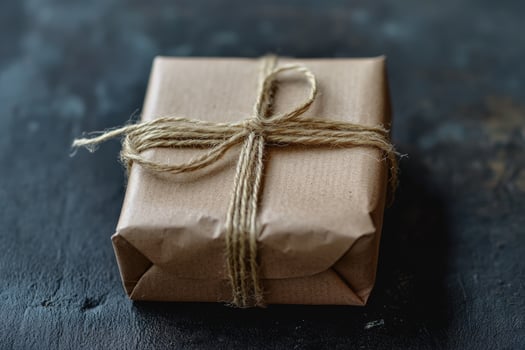 Brown paper box is tied with rustic twine, centered on dark background surface photo