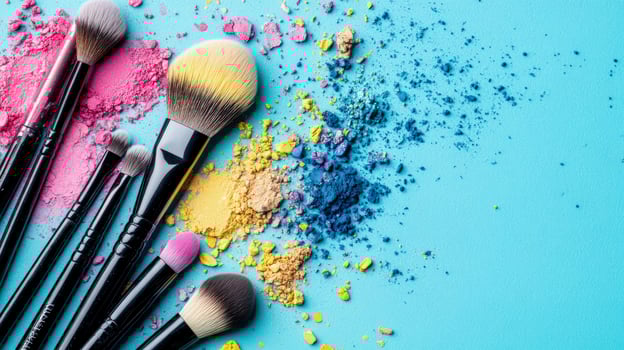 A collection of makeup brushes rests among vibrant cosmetic powder spills on a light blue surface photo