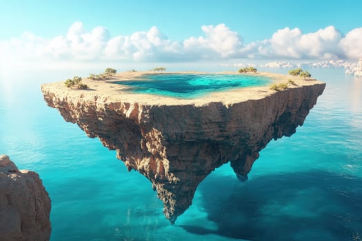 Tranquil turquoise pool sits atop a floating desert island, contrasted with a vibrant blue sky photo
