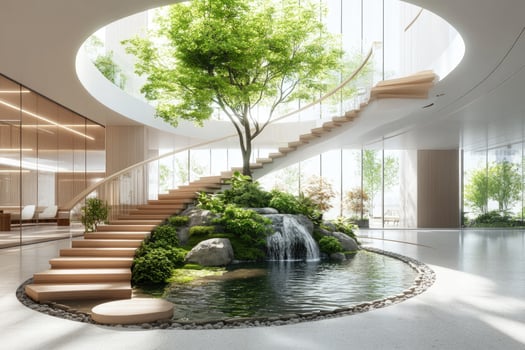 Interior atrium shows curved staircase, tree, waterfall and reflecting pool in modern space photo