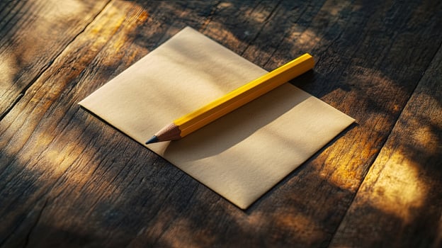 Yellow pencil rests diagonally on a square beige paper on rustic wooden surface photo