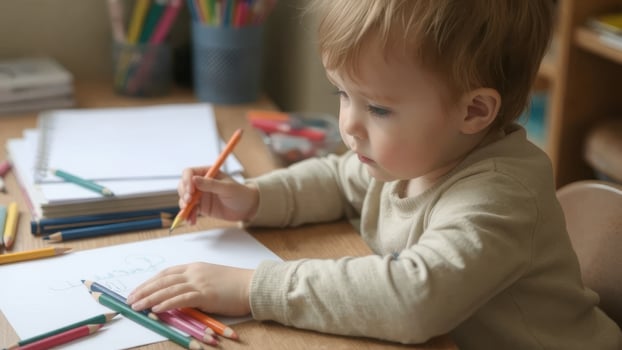 child sitting at table, drawing with colored pencils on paper, surrounded by art supplies. scene captures creativity and focus in cozy environment photo
