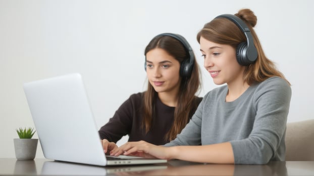 Young women studying together with laptops and headphones, focused on learning. Their expressions show concentration and collaboration photo