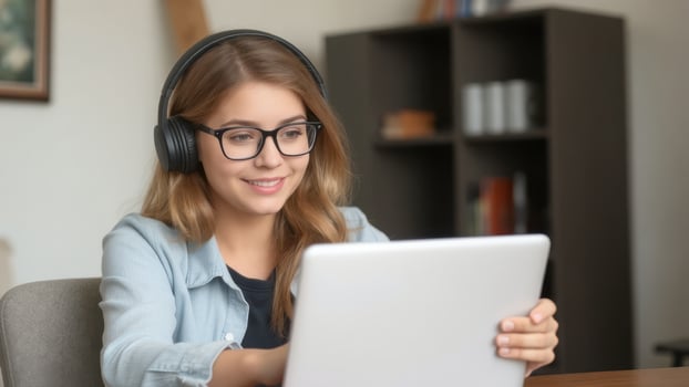 Young woman with headphones using laptop, smiling and engaged in work or study. cozy indoor setting enhances focused atmosphere photo
