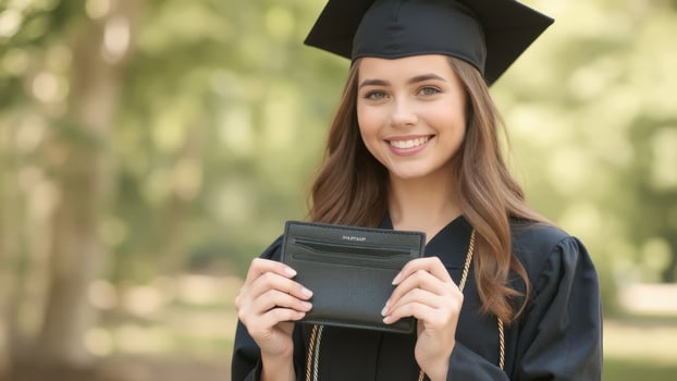 young woman in graduation cap and gown holds wallet, smiling proudly. outdoor setting adds to celebratory atmosphere of her achievement photo