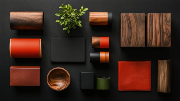 Assorted wooden, leather, and metallic accessories symmetrically arrayed with a verdant plant sprig on textured background photo