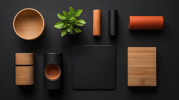 Wooden bowl, plant, and various cylinders present a textured assortment on a black background photo