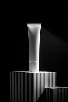 Unlabeled white cosmetic tube stands on the striped pedestal against a dark background photo