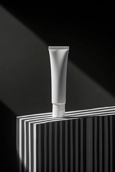 Minimalist white tube sits on geometric black and white stand against a dark backdrop photo