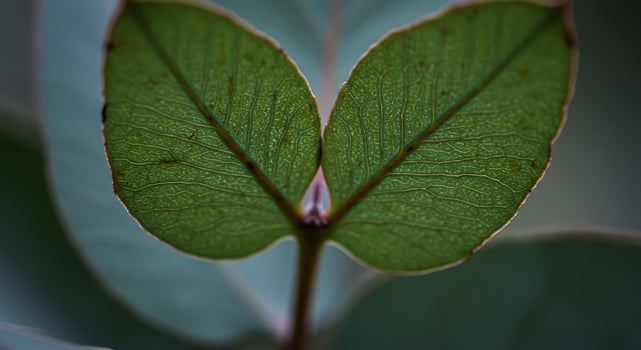 Closeup of Two Green Eucalyptus Leaves with Visible Veins. photo