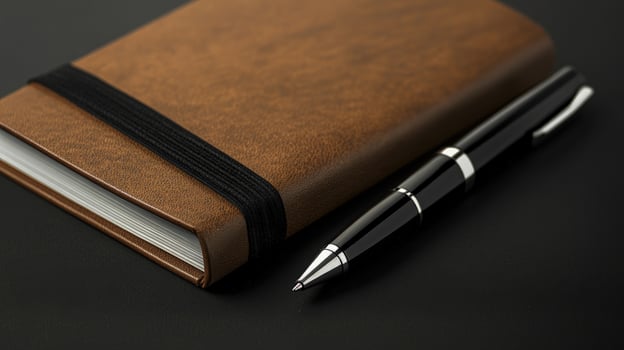 Leather bound journal secured by black elastic band sits beside black pen on dark background photo