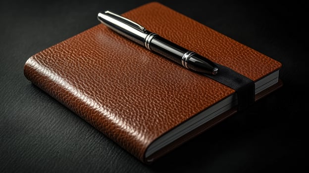 Silver pen rests atop a brown leather journal with a black elastic strap detail photo