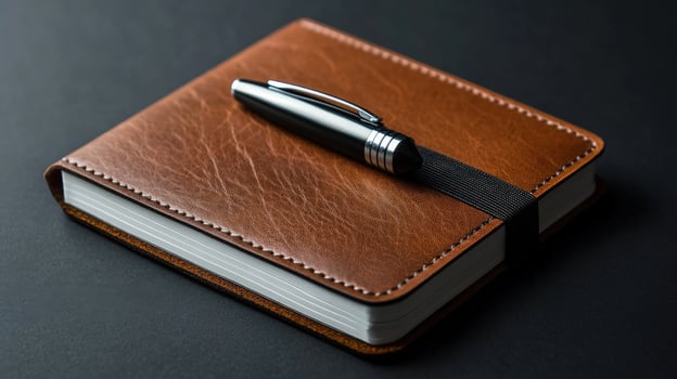 Black pen rests atop the brown leather journal secured with black band photo