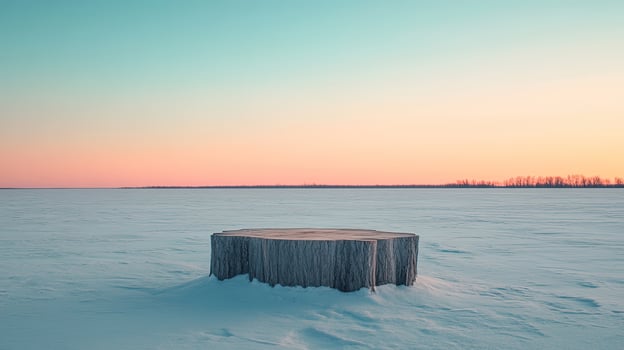 Tree stump sits peacefully on snow covered field under pastel winter sunset skies photo