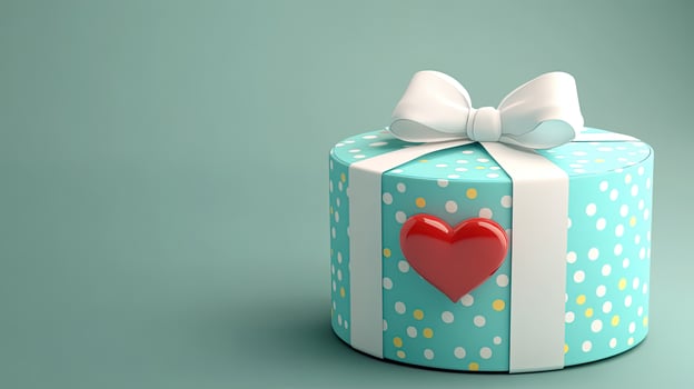 Polka dotted teal gift has red heart and a white bow on soft background photo