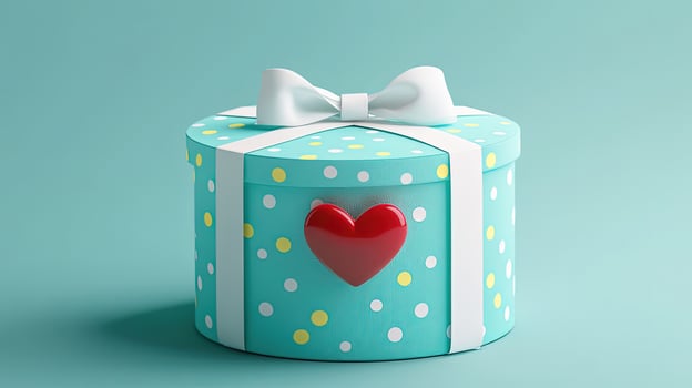 Round turquoise box with white ribbon, bow, polka dots, and red heart accent photo