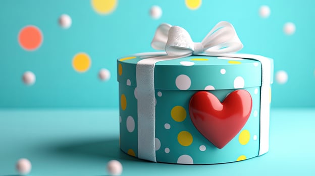 Round turquoise polka dot gift with white bow displays glossy red heart photo
