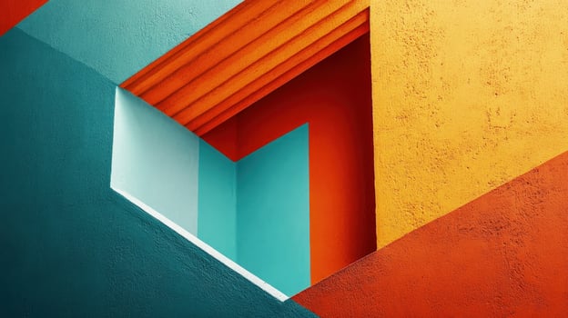 Colorful geometric architecture showcases a vibrant blue, orange, and yellow corner with concrete wall texture photo